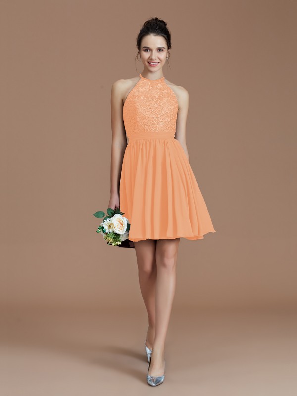 A-Line/Princess Halter Sleeveless Lace Short/Mini Chiffon Bridesmaid Dresses 2294