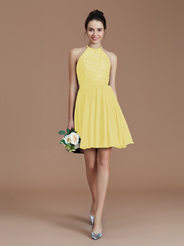 A-Line/Princess Halter Sleeveless Lace Short/Mini Chiffon Bridesmaid Dresses 2294