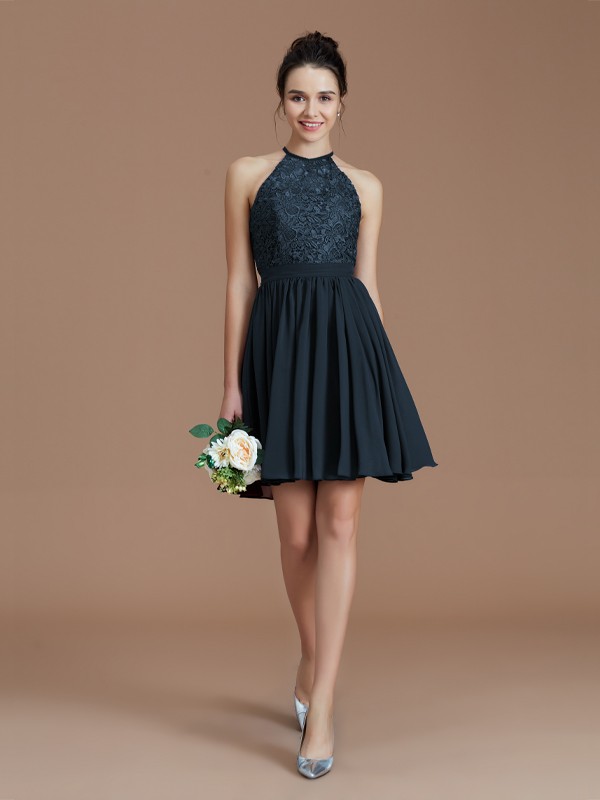 A-Line/Princess Halter Sleeveless Lace Short/Mini Chiffon Bridesmaid Dresses 2294