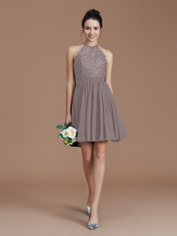 A-Line/Princess Halter Sleeveless Lace Short/Mini Chiffon Bridesmaid Dresses 2294