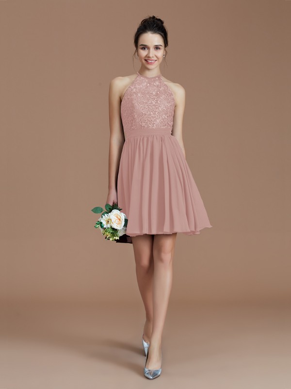 A-Line/Princess Halter Sleeveless Lace Short/Mini Chiffon Bridesmaid Dresses 2294