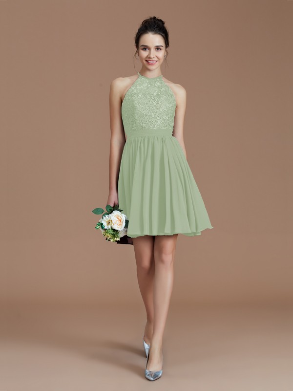 A-Line/Princess Halter Sleeveless Lace Short/Mini Chiffon Bridesmaid Dresses 2294