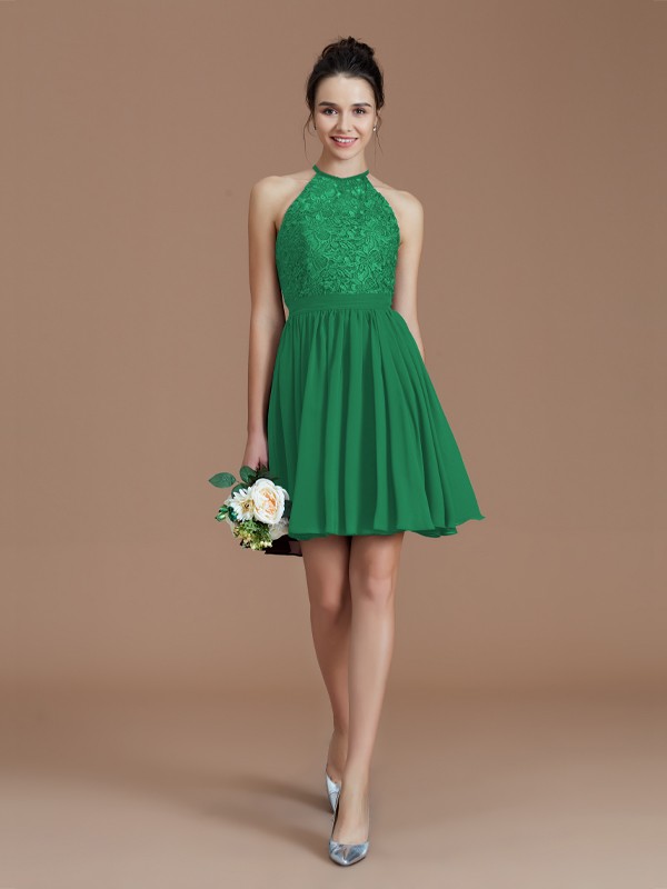 A-Line/Princess Halter Sleeveless Lace Short/Mini Chiffon Bridesmaid Dresses 2294