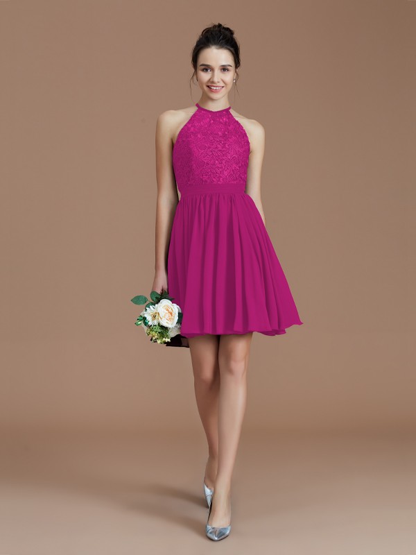 A-Line/Princess Halter Sleeveless Lace Short/Mini Chiffon Bridesmaid Dresses 2294