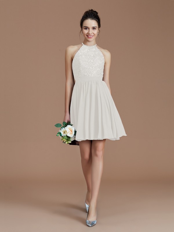 A-Line/Princess Halter Sleeveless Lace Short/Mini Chiffon Bridesmaid Dresses 2294