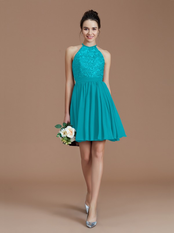 A-Line/Princess Halter Sleeveless Lace Short/Mini Chiffon Bridesmaid Dresses 2294