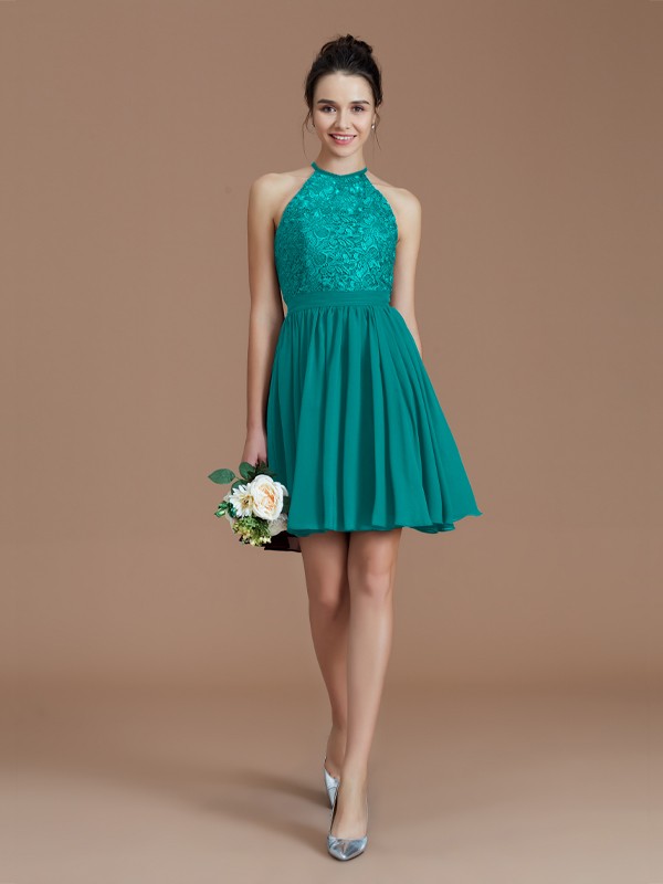 A-Line/Princess Halter Sleeveless Lace Short/Mini Chiffon Bridesmaid Dresses 2294