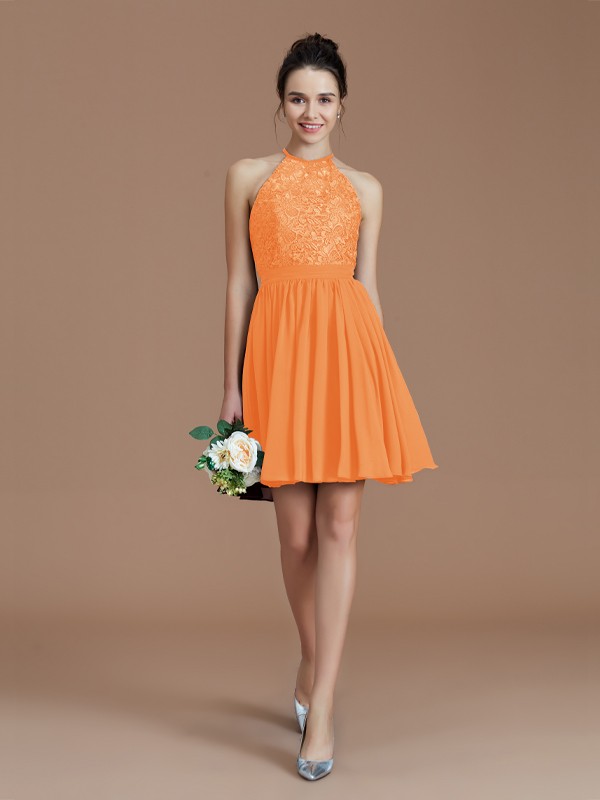 A-Line/Princess Halter Sleeveless Lace Short/Mini Chiffon Bridesmaid Dresses 2294