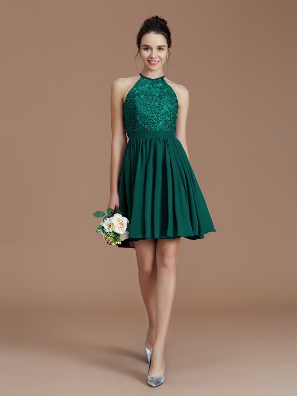 A-Line/Princess Halter Sleeveless Lace Short/Mini Chiffon Bridesmaid Dresses 2294