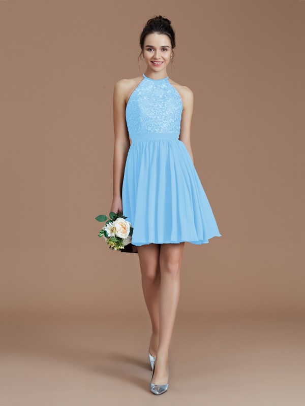 A-Line/Princess Halter Sleeveless Lace Short/Mini Chiffon Bridesmaid Dresses 2294