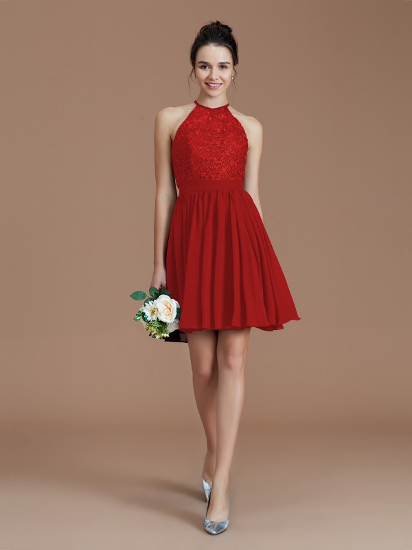 A-Line/Princess Halter Sleeveless Lace Short/Mini Chiffon Bridesmaid Dresses 2294