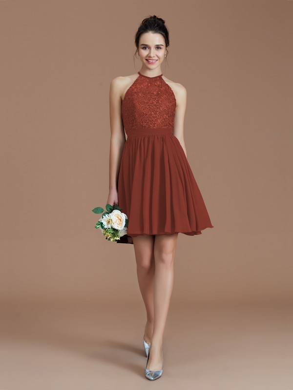 A-Line/Princess Halter Sleeveless Lace Short/Mini Chiffon Bridesmaid Dresses 2294