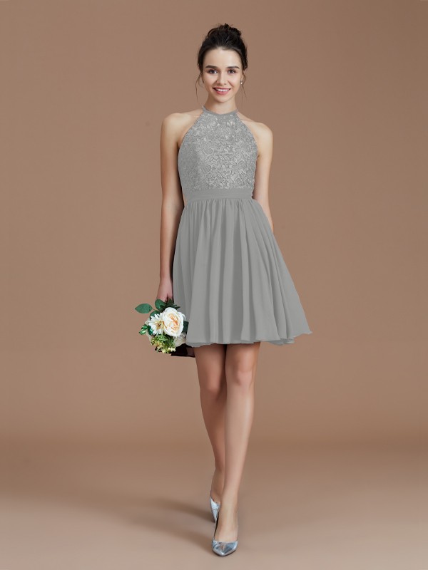 A-Line/Princess Halter Sleeveless Lace Short/Mini Chiffon Bridesmaid Dresses 2294