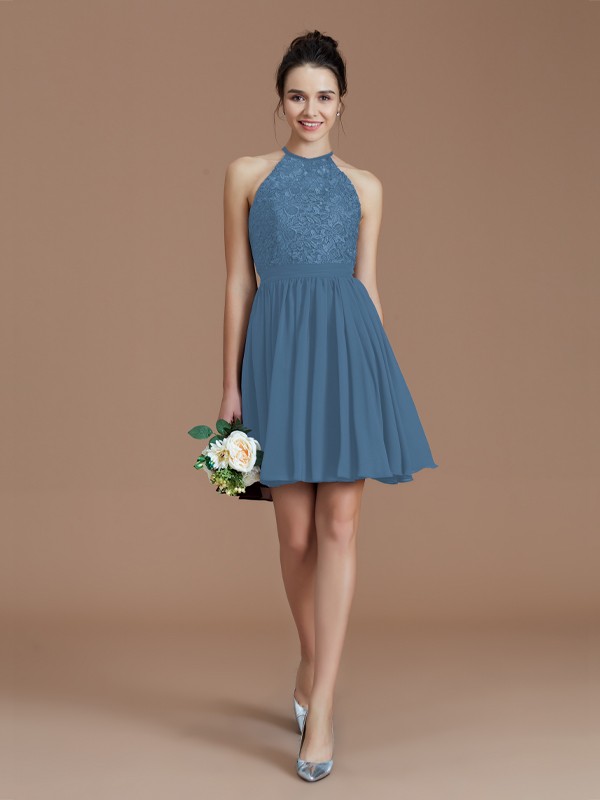 A-Line/Princess Halter Sleeveless Lace Short/Mini Chiffon Bridesmaid Dresses 2294