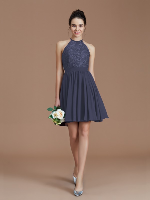 A-Line/Princess Halter Sleeveless Lace Short/Mini Chiffon Bridesmaid Dresses 2294