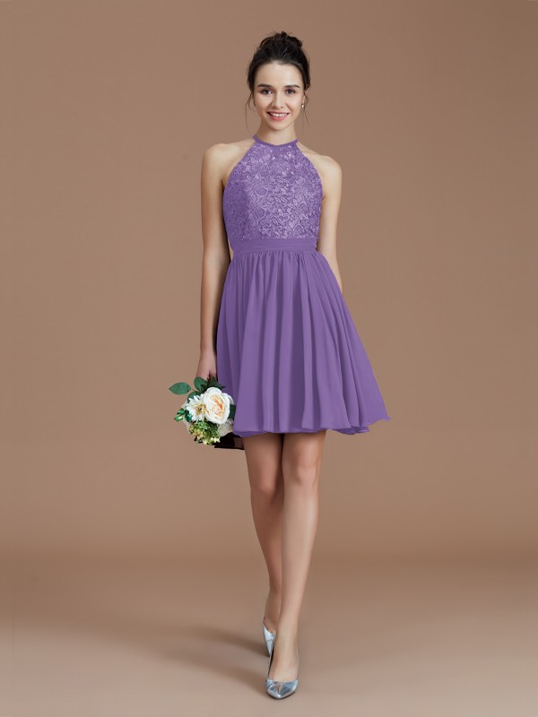 A-Line/Princess Halter Sleeveless Lace Short/Mini Chiffon Bridesmaid Dresses 2294