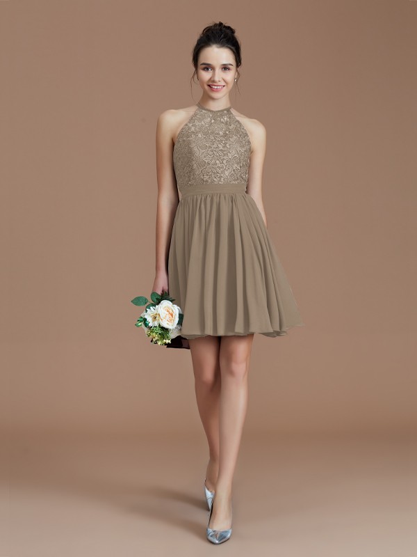 A-Line/Princess Halter Sleeveless Lace Short/Mini Chiffon Bridesmaid Dresses 2294