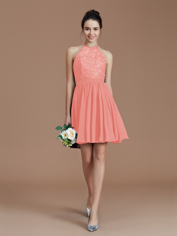 A-Line/Princess Halter Sleeveless Lace Short/Mini Chiffon Bridesmaid Dresses 2294