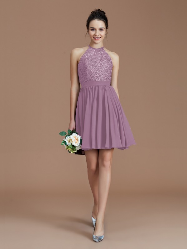 A-Line/Princess Halter Sleeveless Lace Short/Mini Chiffon Bridesmaid Dresses 2294