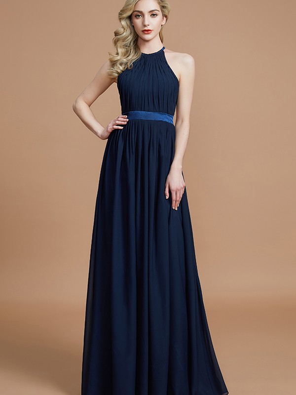 A-Line/Princess Halter Sleeveless Ruched Floor-Length Chiffon Bridesmaid Dresses 2303