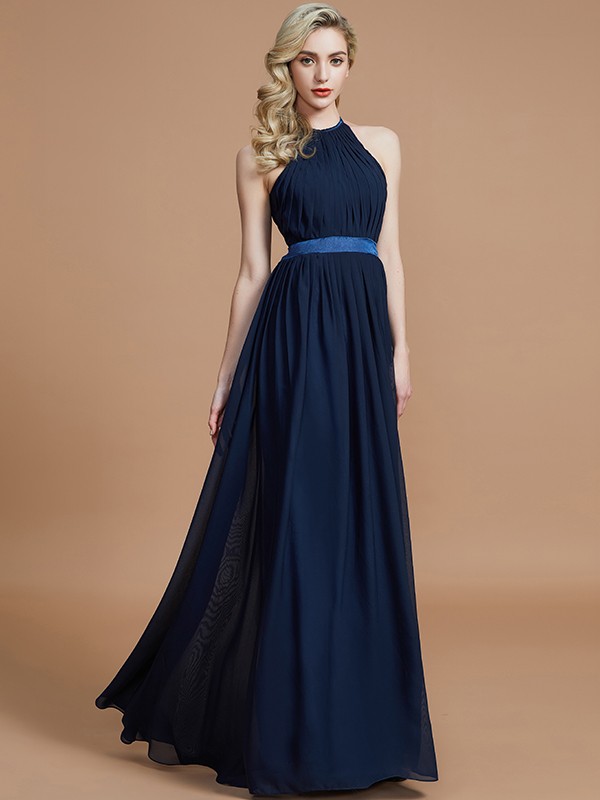 A-Line/Princess Halter Sleeveless Ruched Floor-Length Chiffon Bridesmaid Dresses 2303