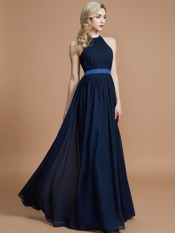 A-Line/Princess Halter Sleeveless Ruched Floor-Length Chiffon Bridesmaid Dresses 2303