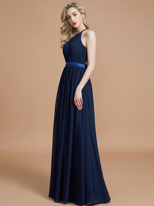 A-Line/Princess Halter Sleeveless Ruched Floor-Length Chiffon Bridesmaid Dresses 2303