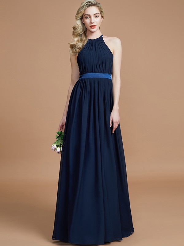 A-Line/Princess Halter Sleeveless Ruched Floor-Length Chiffon Bridesmaid Dresses 2303