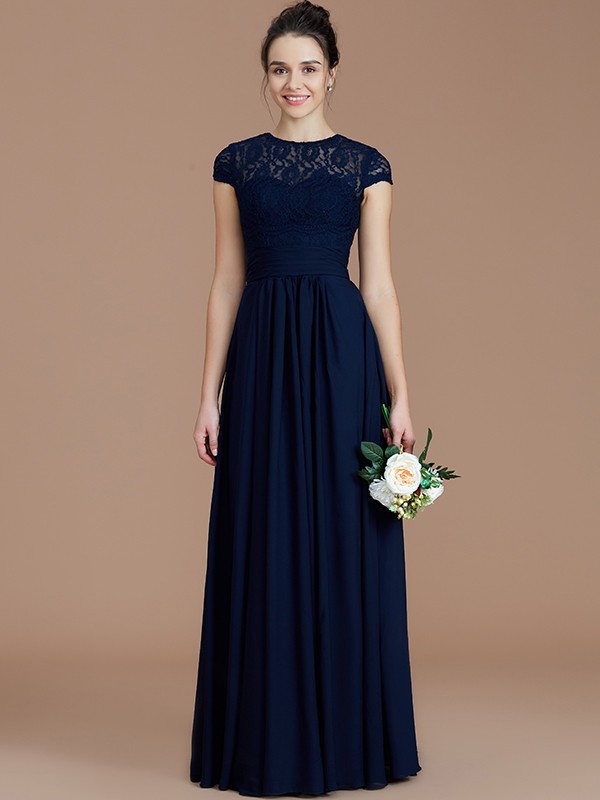 A-Line/Princess Jewel Short Sleeves Lace Floor-Length Chiffon Bridesmaid Dresses 2337