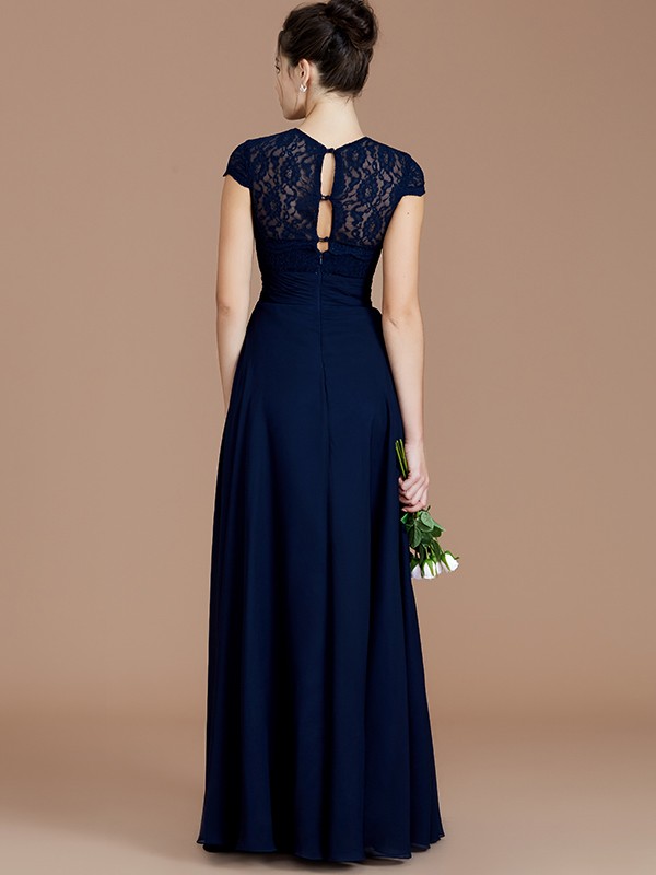 A-Line/Princess Jewel Short Sleeves Lace Floor-Length Chiffon Bridesmaid Dresses 2337