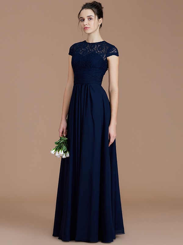 A-Line/Princess Jewel Short Sleeves Lace Floor-Length Chiffon Bridesmaid Dresses 2337