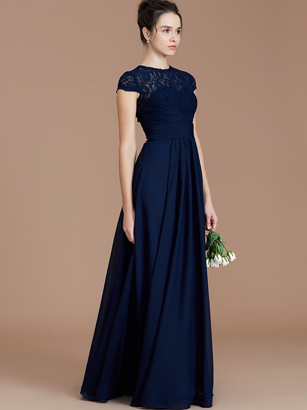 A-Line/Princess Jewel Short Sleeves Lace Floor-Length Chiffon Bridesmaid Dresses 2337