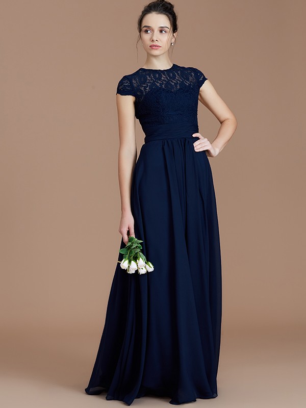 A-Line/Princess Jewel Short Sleeves Lace Floor-Length Chiffon Bridesmaid Dresses 2337