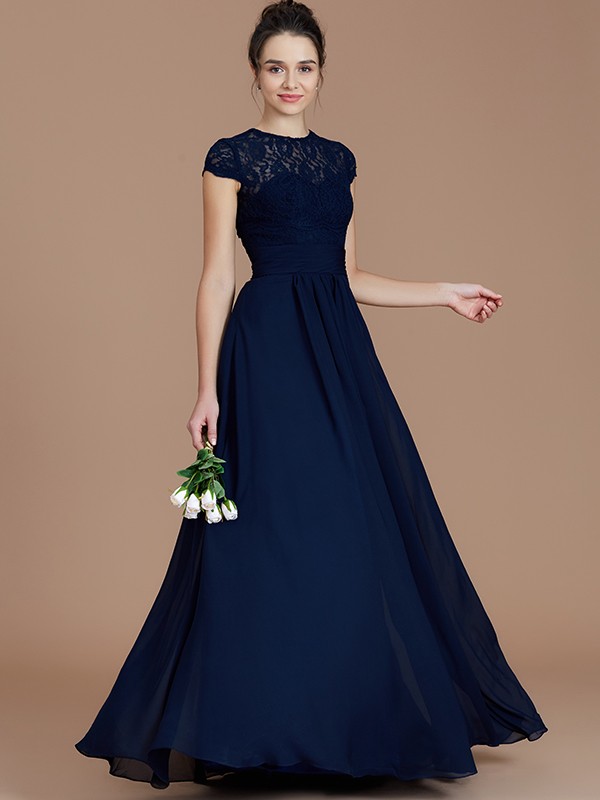 A-Line/Princess Jewel Short Sleeves Lace Floor-Length Chiffon Bridesmaid Dresses 2337