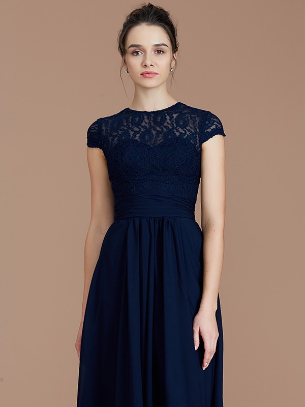 A-Line/Princess Jewel Short Sleeves Lace Floor-Length Chiffon Bridesmaid Dresses 2337