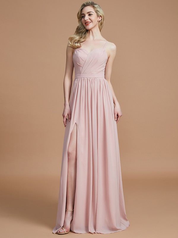 A-Line/Princess Spaghetti Straps Sleeveless Ruched Floor-Length Chiffon Bridesmaid Dresses 2553