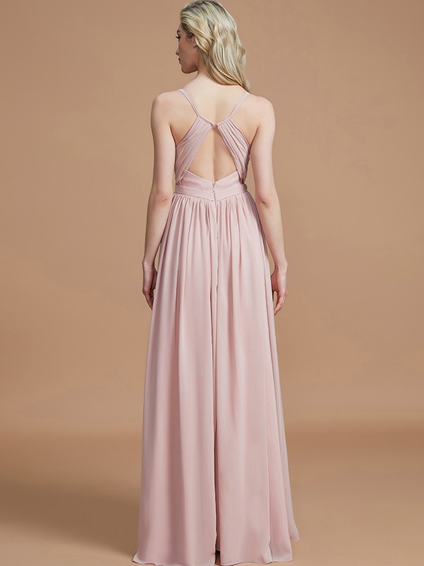 A-Line/Princess Spaghetti Straps Sleeveless Ruched Floor-Length Chiffon Bridesmaid Dresses 2553