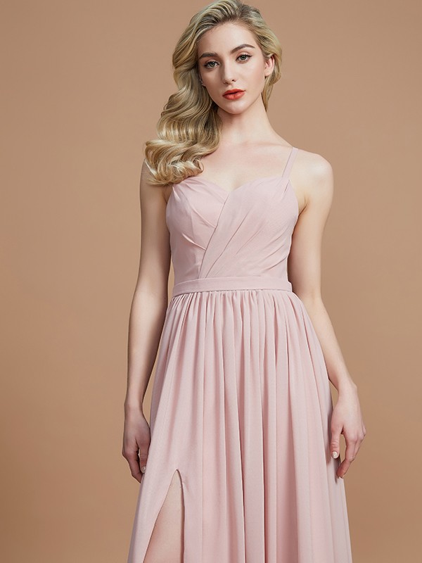 A-Line/Princess Spaghetti Straps Sleeveless Ruched Floor-Length Chiffon Bridesmaid Dresses 2553