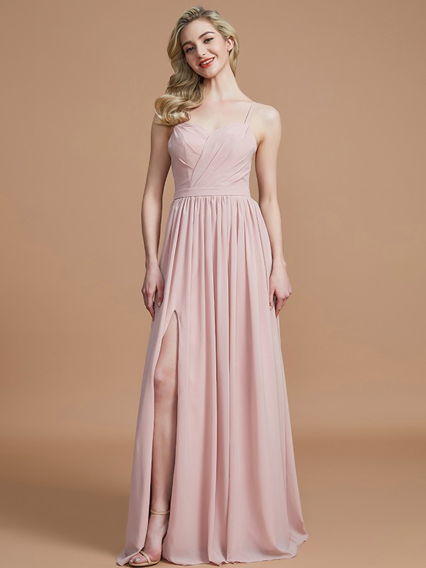 A-Line/Princess Spaghetti Straps Sleeveless Ruched Floor-Length Chiffon Bridesmaid Dresses 2553