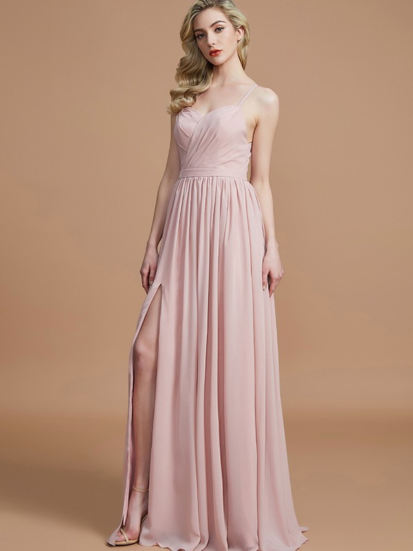 A-Line/Princess Spaghetti Straps Sleeveless Ruched Floor-Length Chiffon Bridesmaid Dresses 2553