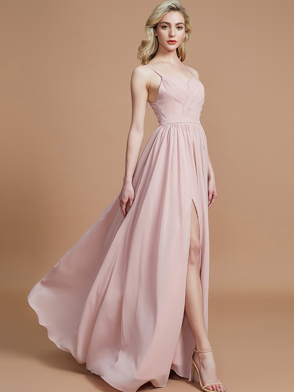 A-Line/Princess Spaghetti Straps Sleeveless Ruched Floor-Length Chiffon Bridesmaid Dresses 2553