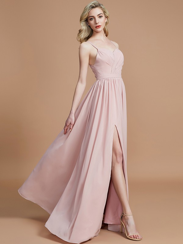 A-Line/Princess Spaghetti Straps Sleeveless Ruched Floor-Length Chiffon Bridesmaid Dresses 2553