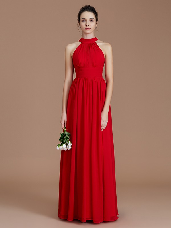 A-Line/Princess Halter Sleeveless Ruched Floor-Length Chiffon Bridesmaid Dresses 2304