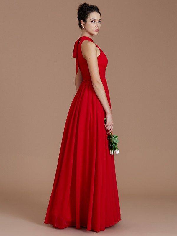 A-Line/Princess Halter Sleeveless Ruched Floor-Length Chiffon Bridesmaid Dresses 2304