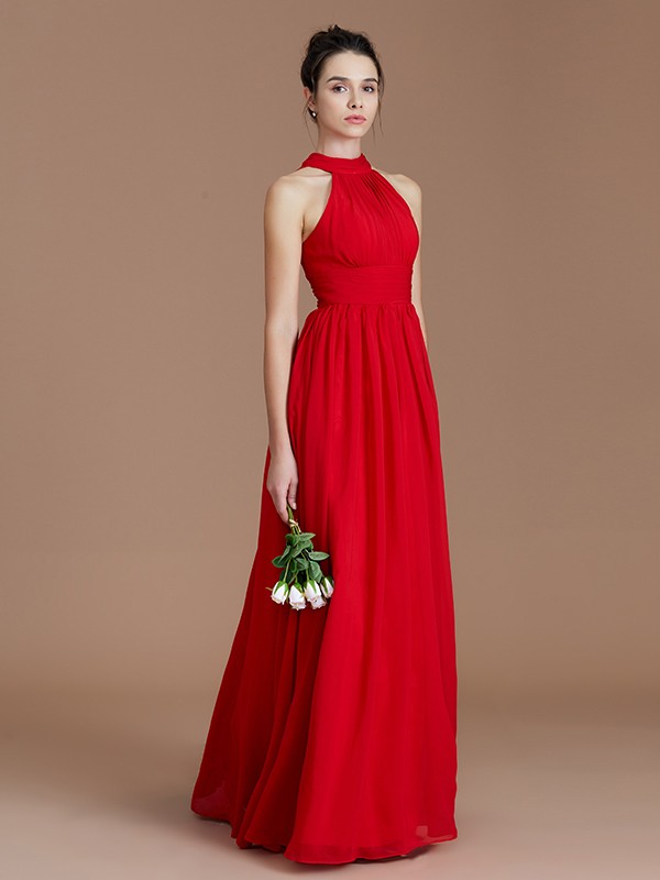 A-Line/Princess Halter Sleeveless Ruched Floor-Length Chiffon Bridesmaid Dresses 2304