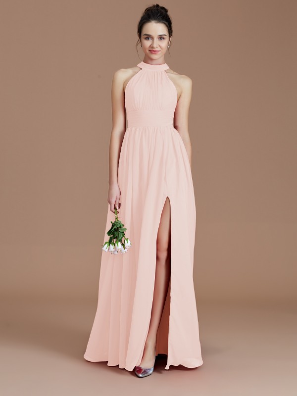 A-Line/Princess Halter Sleeveless Ruched Floor-Length Chiffon Bridesmaid Dresses 2304