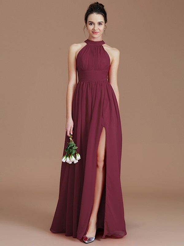 A-Line/Princess Halter Sleeveless Ruched Floor-Length Chiffon Bridesmaid Dresses 2304