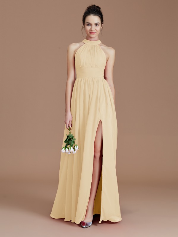 A-Line/Princess Halter Sleeveless Ruched Floor-Length Chiffon Bridesmaid Dresses 2304