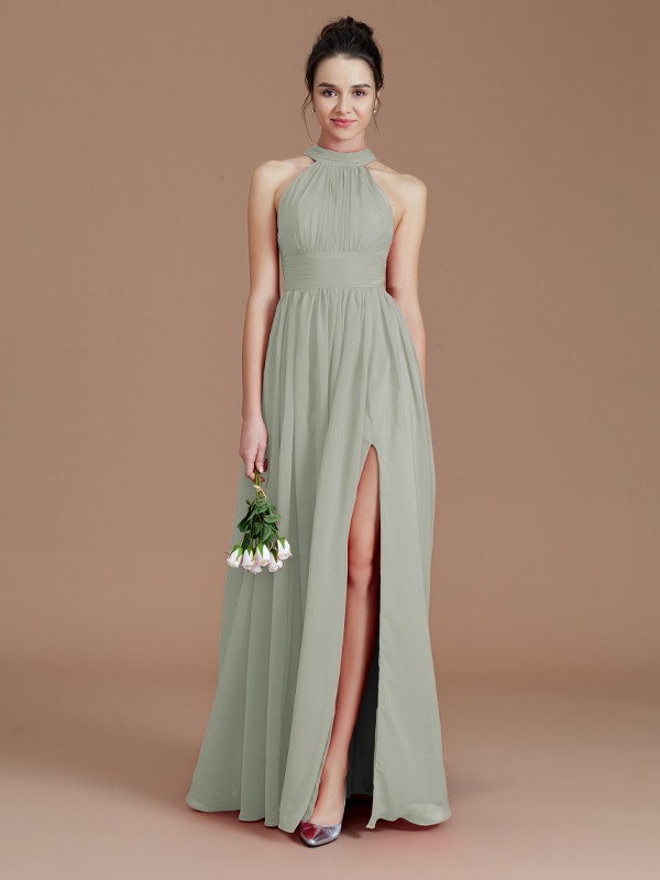 A-Line/Princess Halter Sleeveless Ruched Floor-Length Chiffon Bridesmaid Dresses 2304