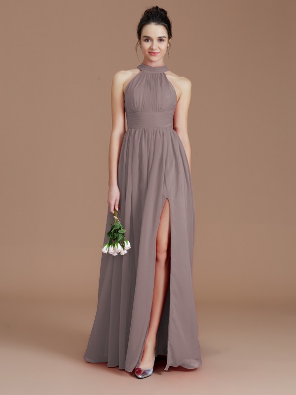 A-Line/Princess Halter Sleeveless Ruched Floor-Length Chiffon Bridesmaid Dresses 2304